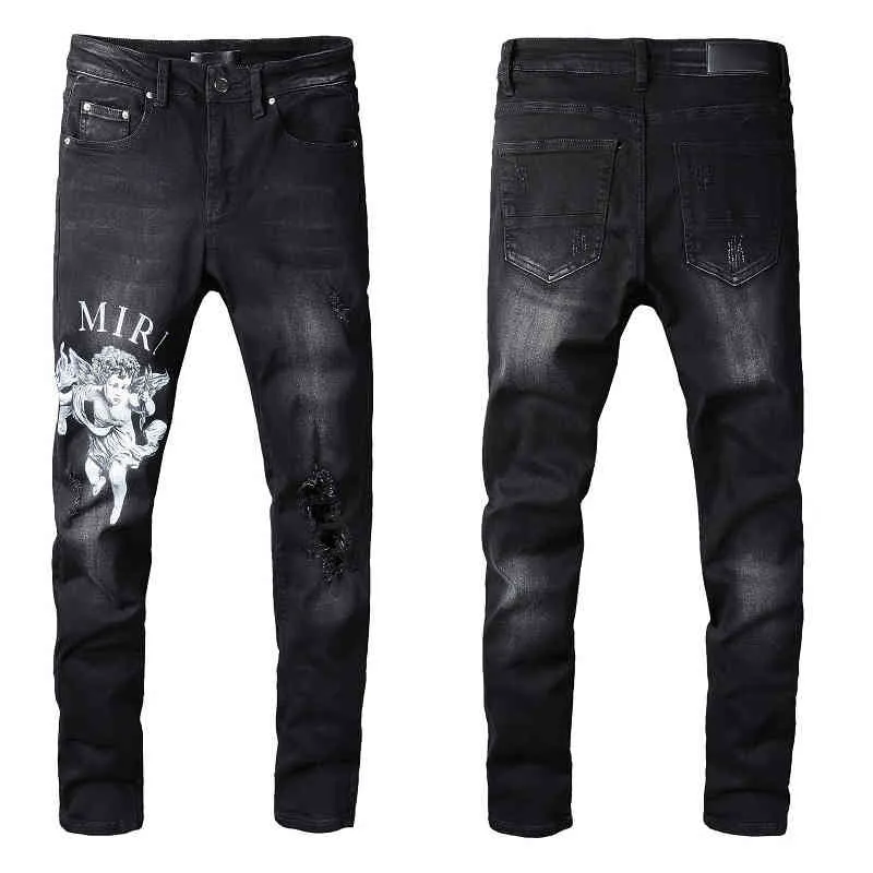 Designer Heren Jeans Amirs Broeken Trend Amirs Street trendy Angel patroon zwart gat elastische strakke legged jeans #8173078