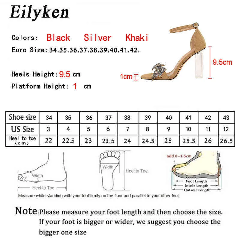 Sandals Eilyken Fashion Bow Rhinestone Ankle Buckle Sandals Transparent Crystal Square High Heels Women Party Wedding Shoes 220318