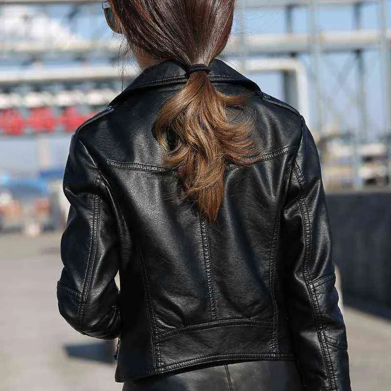 Faux Leather Motor Bike Jacket Women Short Coat Long Sleeve Autumn Winter Tops 2022 Slim Fit Koeran Style Black PU Outwear L220801