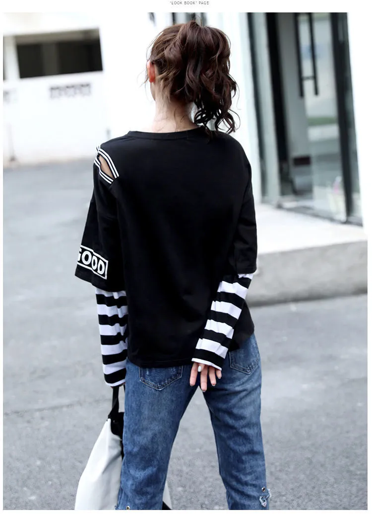 Spring Autumn fashion loose tops for women Fake two pieces patchwork stripe long sleeve letter print big size t-shirts female 220328