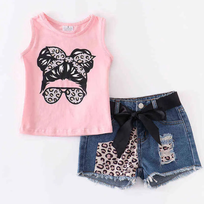 Girlymax Sommer Baby Mädchen Mama mich Boutique Kinder Kleidung Milch Seide Leopard frauen Top Jeans Shorts Hosen Set Kidswear