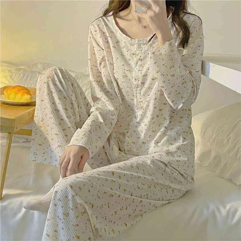 Kvinnor Floral Pyjama Set Sweet Simple Long Sleeve Button Tops Loose Comfort Lace Princess Nightwear Home Nightwear Dent New L220803