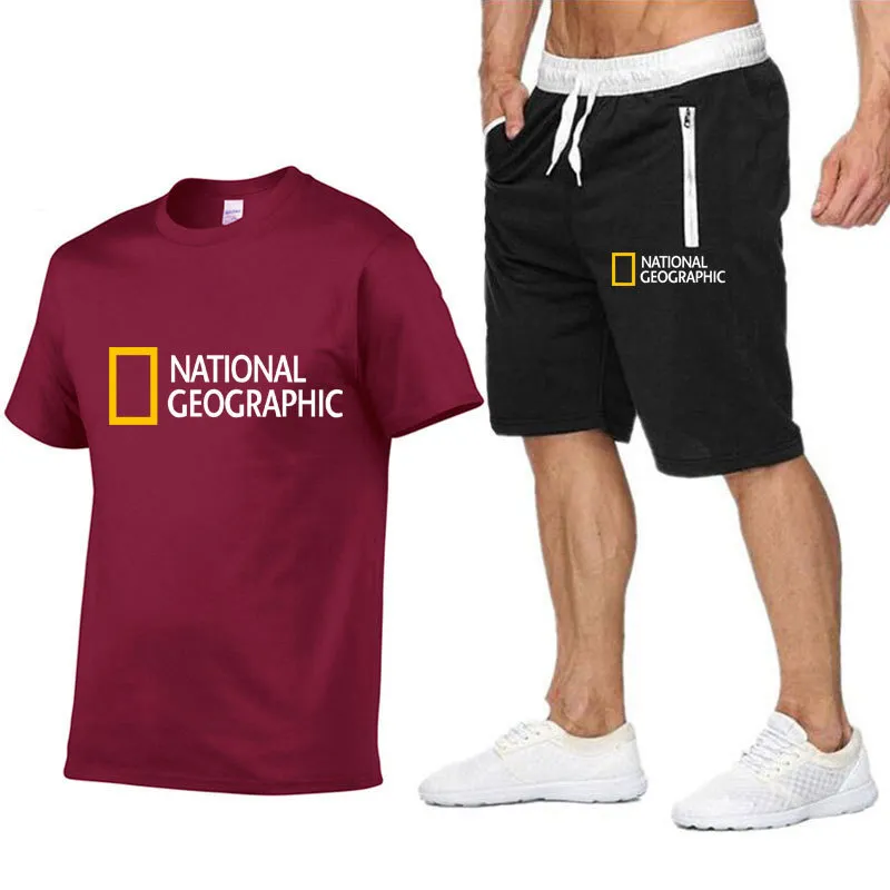 Baumwolle Kurzarm T-Shirt Shorts Zweiteiler Herren NATIONAL Geographic Indication Anzug Freizeit Sportbekleidung Fitness S 2XL 220708