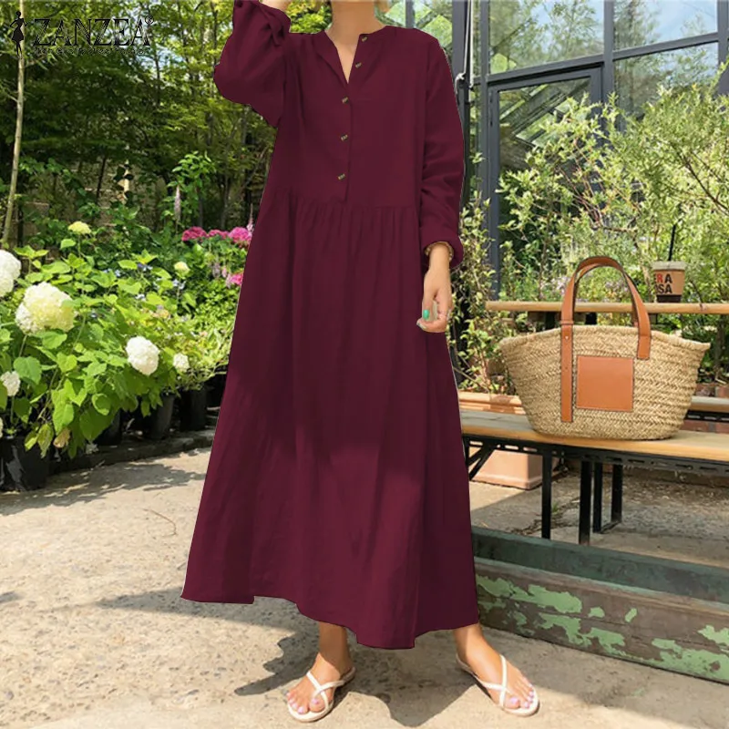 Autumn Zanzea Mulheres Casual Casual Solid Long Dress Pockets Maxi Vestidos Office Lady Work Cotton Party Robe Femme 220521