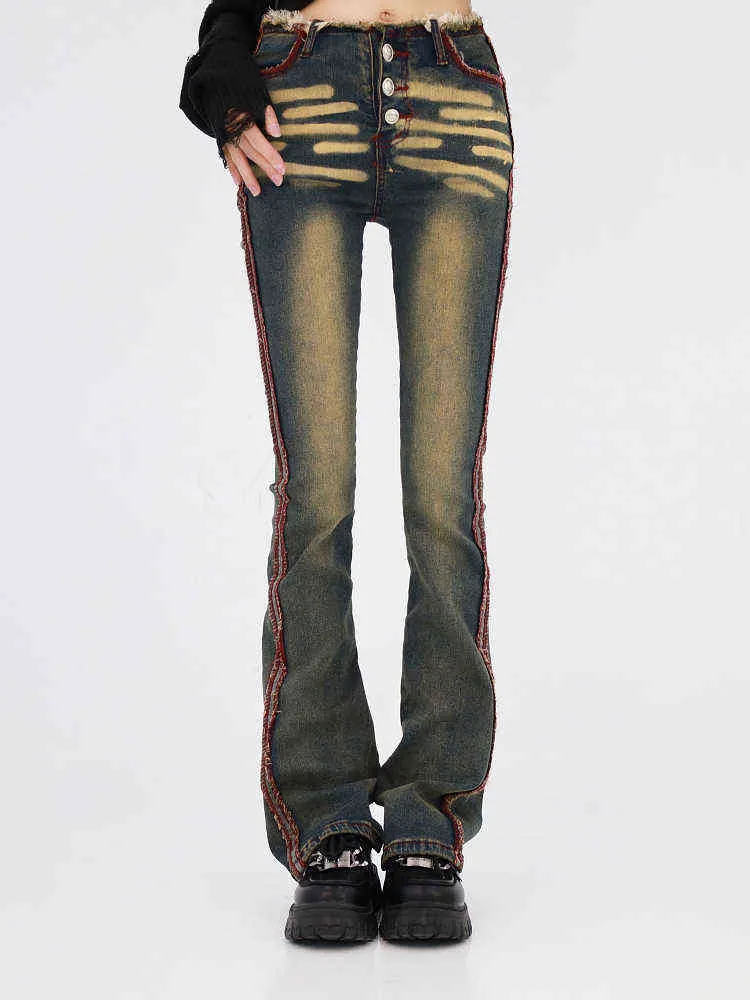 Red Fringe Micro-Flare Low Taisted Jeans Dames Spring Summer Slim Rechte Amerikaanse retro hot girl Design Wide Leg Denim Pants T220728