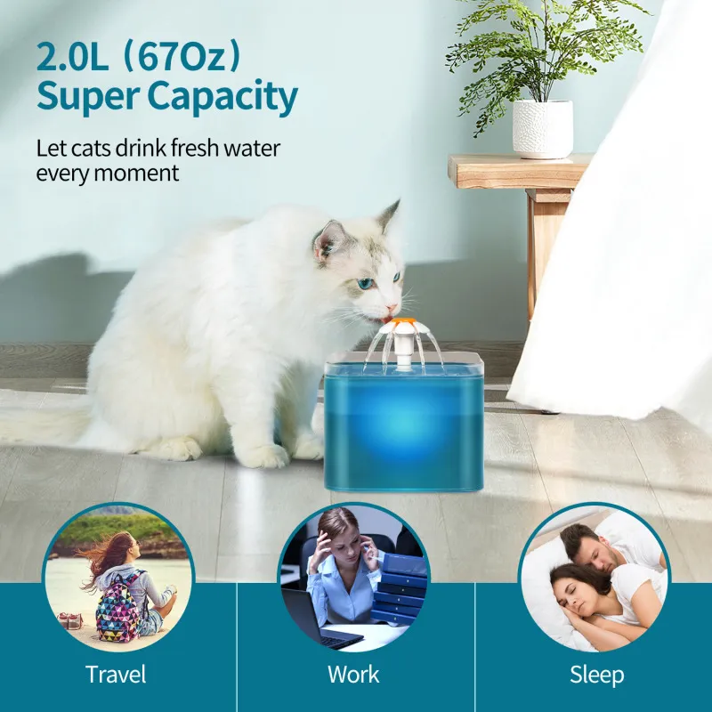 Filtro automatico fontana d'acqua gatti Bevitore LED da 2 litri interni distributore di alimenti animali domestici 220323