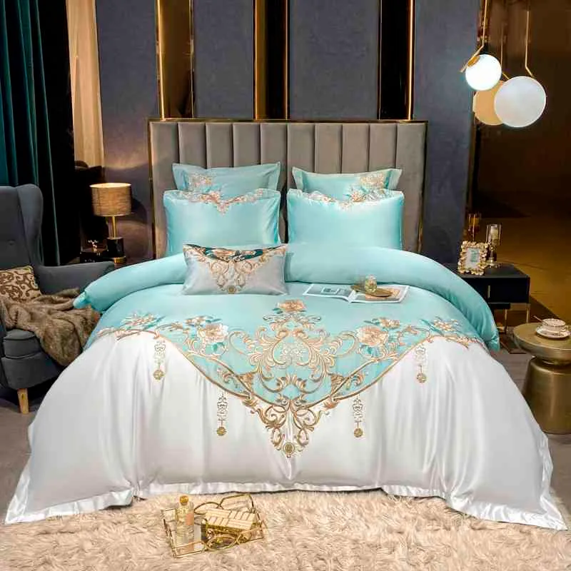 サテンコットン羽毛布団カバーセット刺繍パッチワークの寝具リッチシルキーソフトベッドシート枕ケースクイーンキング
