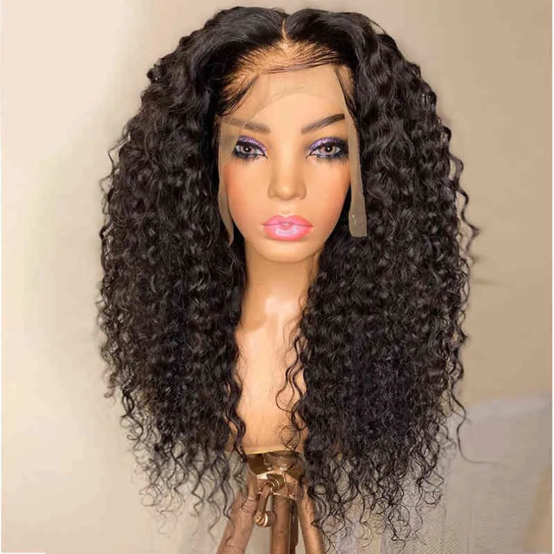 Naturel 180 Densité Doux Crépus Bouclés Long Noir Avant de Lacet Perruques pour Femmes Babyhair Haute Température Délié 220622