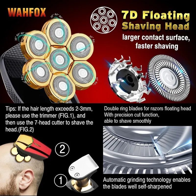 Wohfox Shaver for Men 7d Independent 7 Cutter Floating Head Waterproof Electric Razor Multifunction Trimmer Machine 220624