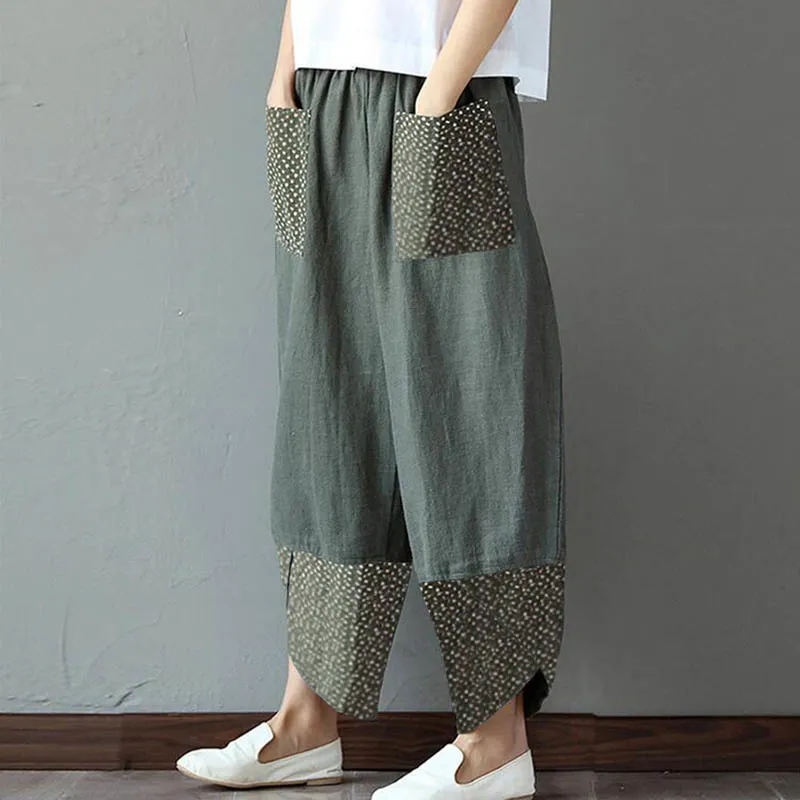 Vintage Baskı Kadın Pantolon Moda Düzensiz Günlük Bel Yüksek Bel Elastik Düz Gevşek Pantolon Yaz Lady Kargo Pantalon 220725