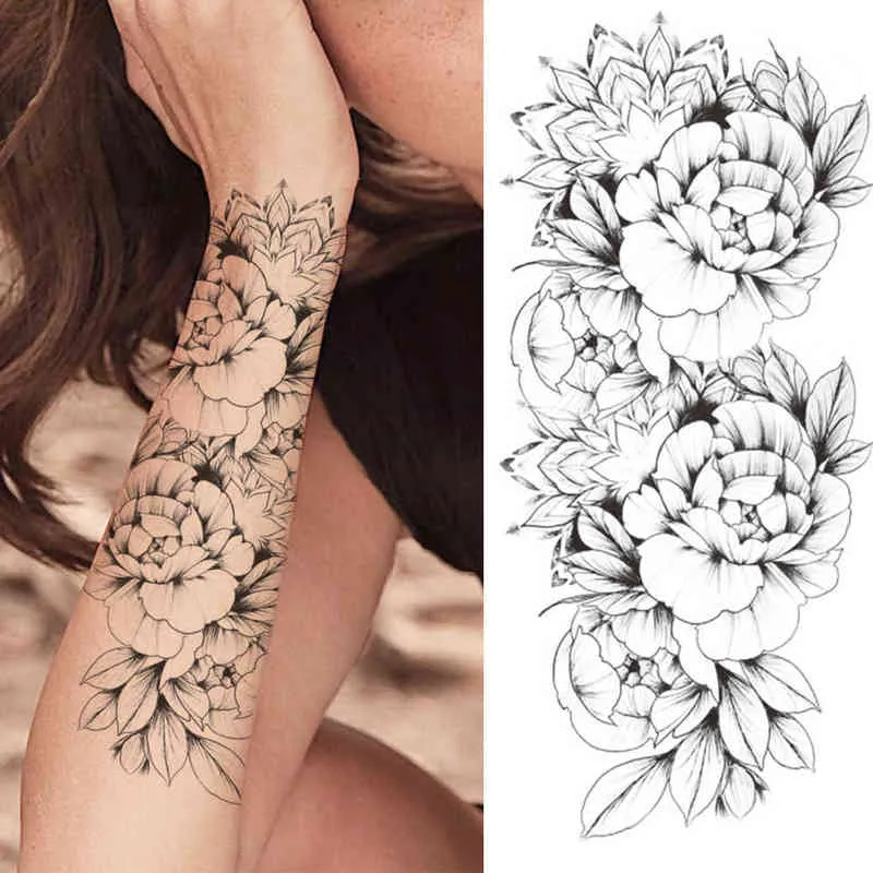 NXY Temporary Tattoo Flower s for Women Lady Girl Fake Dahlia Black Rose Peony Realistic Stickers Forearm Tatoo Transfer 0330