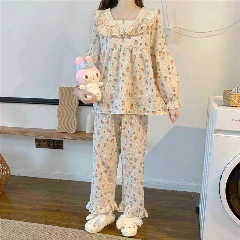 Vrouwen zoete printing pyjama sets lente herfst lange mouwen lange mouwen losse nachtkleding comfort schattig meisje vierkante kraag lounge slijtage l220803