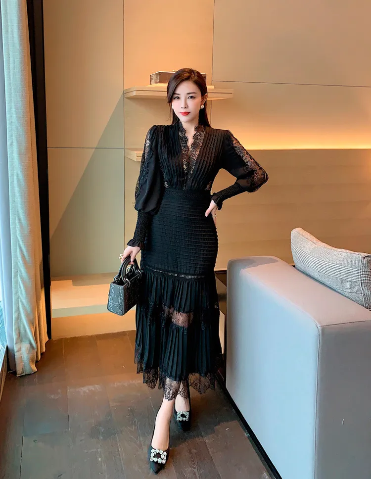 High Quality Self Portrait Dress Women Sexy V neck Lantern Sleeve Long Sleeved Cake es Chic Lace Summer 220622