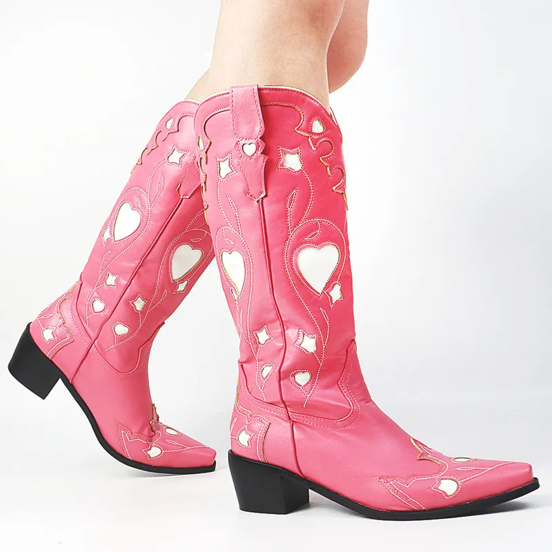 Cowgirls Cowboy Wesetrn bottes pour femmes coeur bout pointu broderie florale talon épais genou haute Vintage équitation 220813