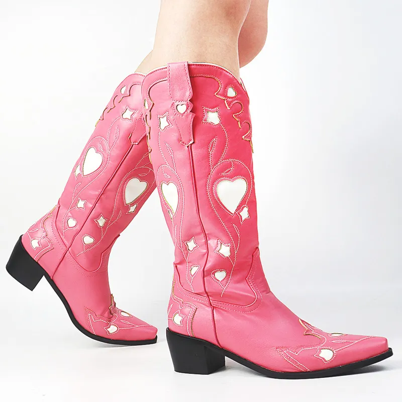 Cowgirls Cowboy Wesetrn Stiefel für Frauen, Herz, spitze Zehenpartie, Blumenstickerei, klobiger Absatz, kniehoch, Vintage-Reiten 220813