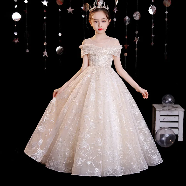 2022 Flower Girl Dresses for Weddings Lace Long Sleeve Girls Pageant Dresses First holy Communion Dress Little Girls toddler Prom lace bead Ball Gown