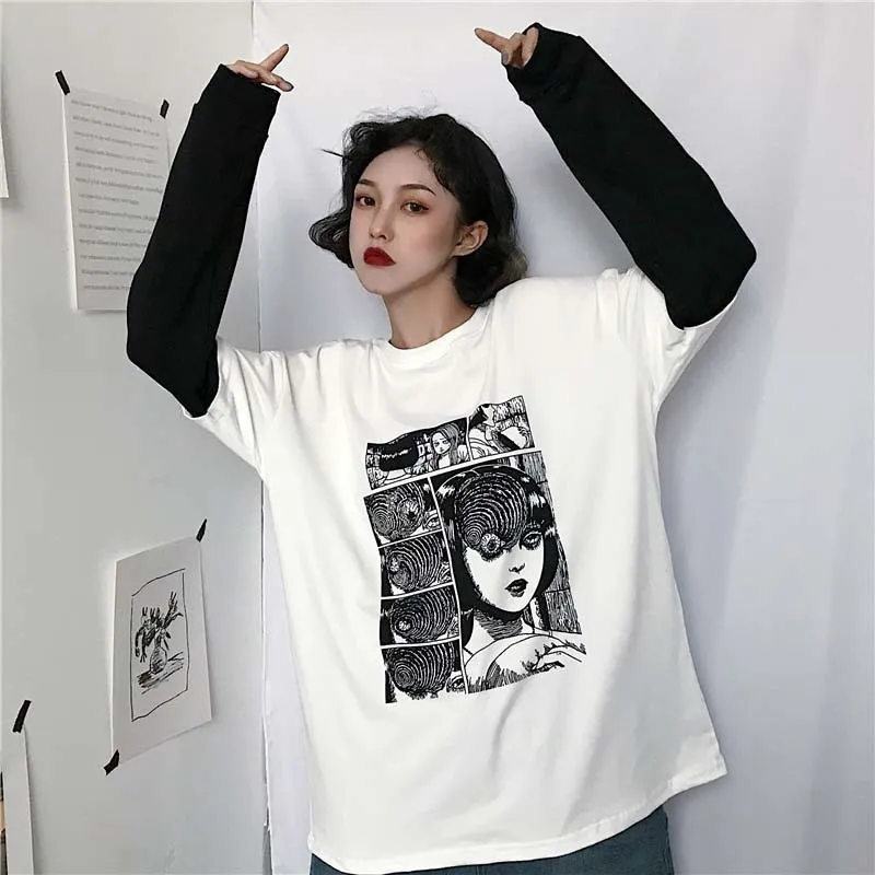 NICEMIX HARAJUKU T-shirt Kadın Sahte 2 Parça Baskı Japon Fujiang Korku Comics Uzun Kollu Gömlek Kadınlar Vetement Femme 220408