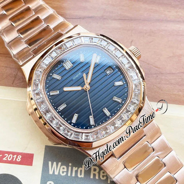 40mm 5711 A21J Automatisk herrklocka Rose Gold Baguette Blue Gem Bezel Grey Texture Dial Diamonds Stick Markers Rostfri Stee2714