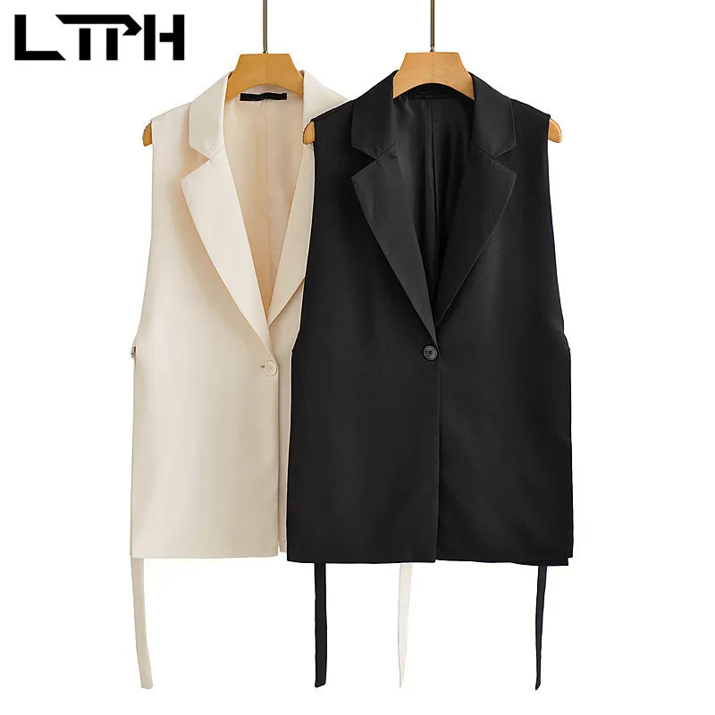LTPH streetwear casual kadın blazer yelek katı tek düğme kolsuz hırka dış giyim Laceup bölünmüş takım elbise ceket sonbahar 220526
