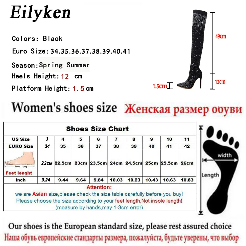 Eilyken moda pisti kristal streç kumaş çorap botları sivri ayak parmağı üzerinde topuk uyluk yüksek sivri kadın boot 220813