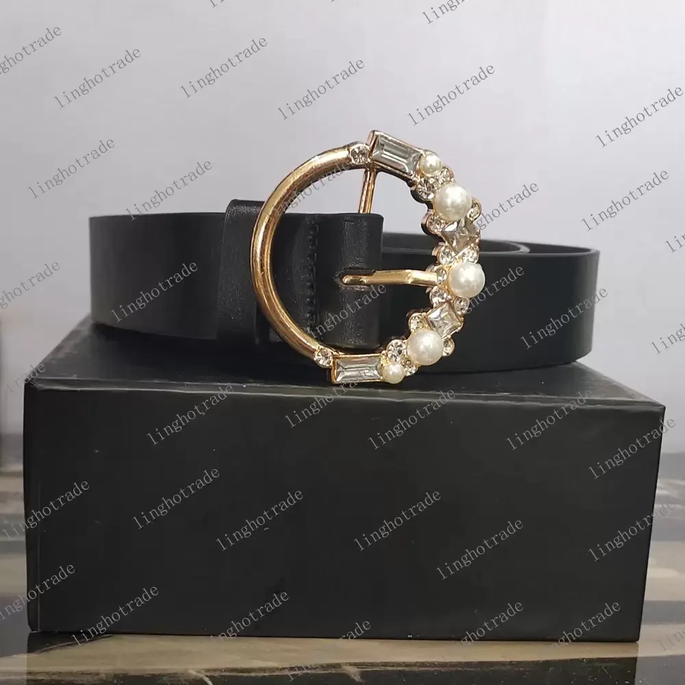 Cintura moda Designer donna Cinture uomo vera pelle Perla e diamanti Fibbia grande cinturino femminile Cintura colore nero 3 4 3 8 cm larghezza302E