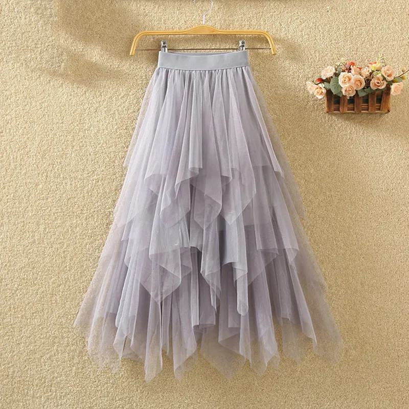 튤 스커트 여성 Faldas Mujer Moda Fashion Elastic High Waist Mesh Tutu Maxi Pleated Long Midi Saias Jupe Women 's Skirt 220527