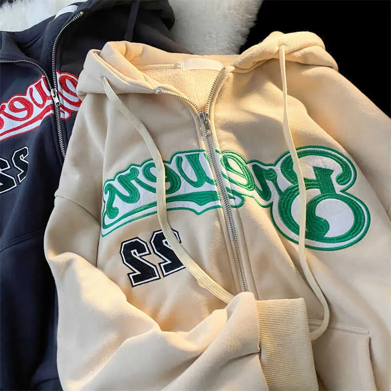 Kvinnors brevbroderi sweatshirts 2022 vintage vinterfleece överdimensionerade huvtröjor Casual dragkedja Jacka Kappa Tonåringar Y2k kläder