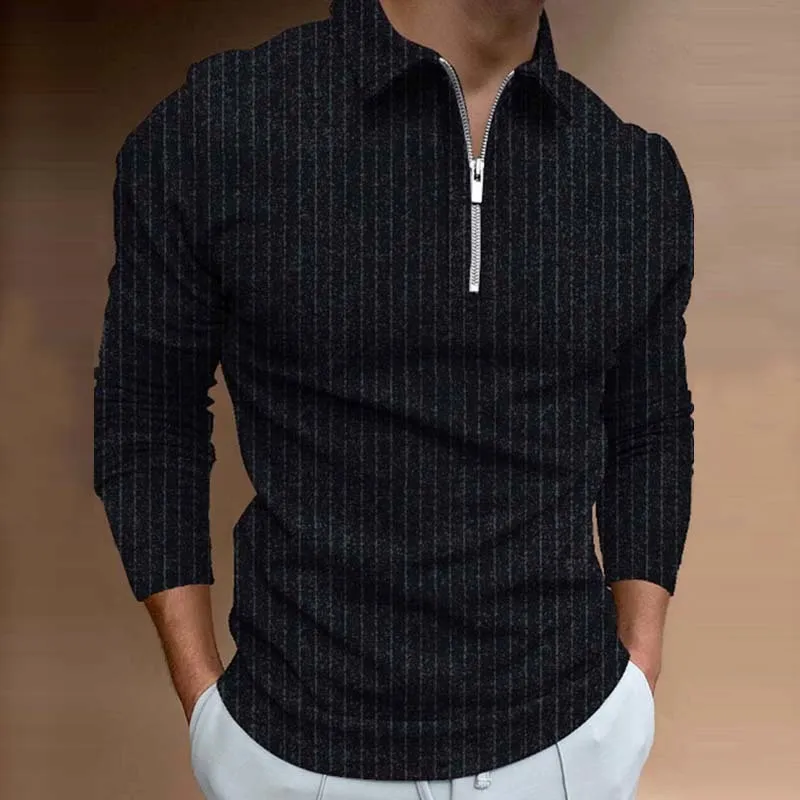 Мужская рубашка поло с длинным рукавом, дизайн на молнии, отложной воротник, одноцветное поло, мужская одежда, уличная одежда, повседневная мода, мужские топы 220726