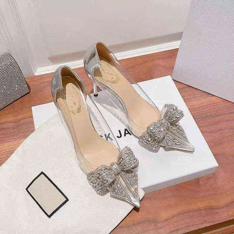 Lyxmodell Champagne Rhinestone Bow PVC Transparenta Women Pumps Autumn Stiletto High Heel Sex Bride Party Wedding Dress Shoe G220527