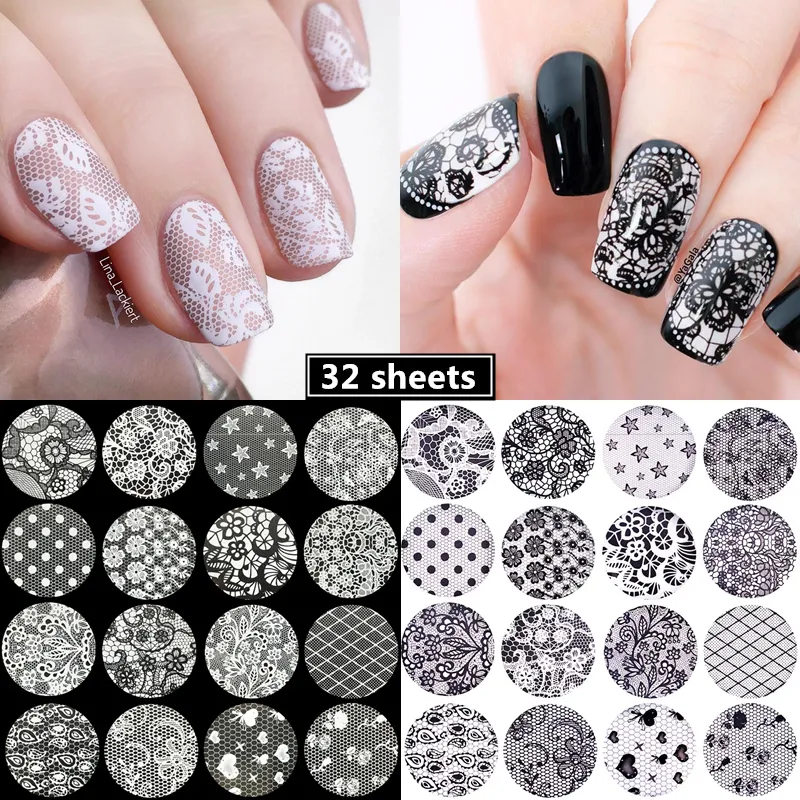 32 hojas de láminas de encaje flor Chic autoadhesivo 3D pegatinas de arte rayas negro DIY calcomanías de transferencia decoración de uñas blancas 220630