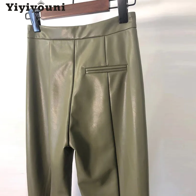 Yiyiyouni High Waisted PU Leather Pant Casual Zipper-Up Straight Trousers Black White Pockets Female 220325