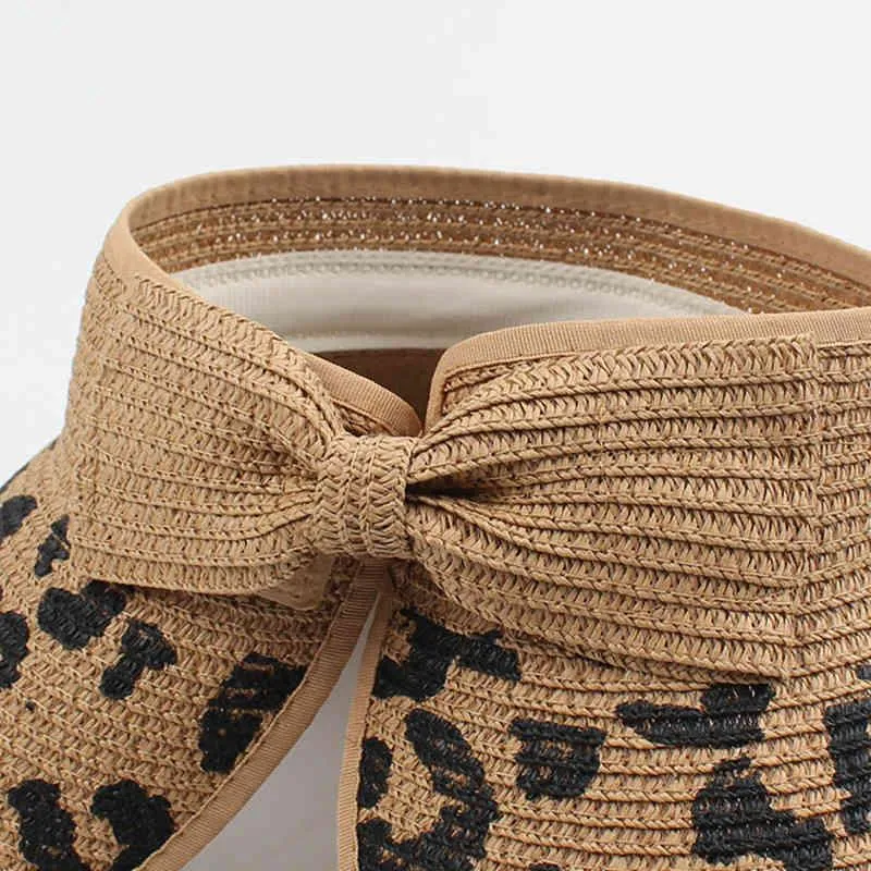 New Summer Leopard Women'S Bowknot Straw Hats Wide Visor Caps Roll Up Foldable Portable Outdoor Female Ponytail Beach Sun Hat