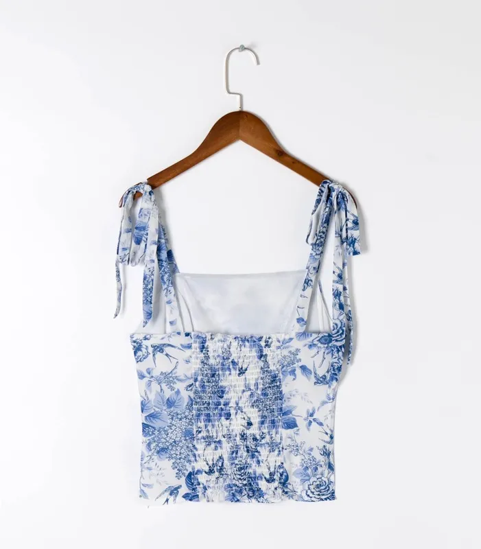 Dostosuj Pasek Bow Blue Floral Print Camis Women Summed Ruched Short Tank Tops Retro Cool Girl Sexy Slim Top Tees 220331