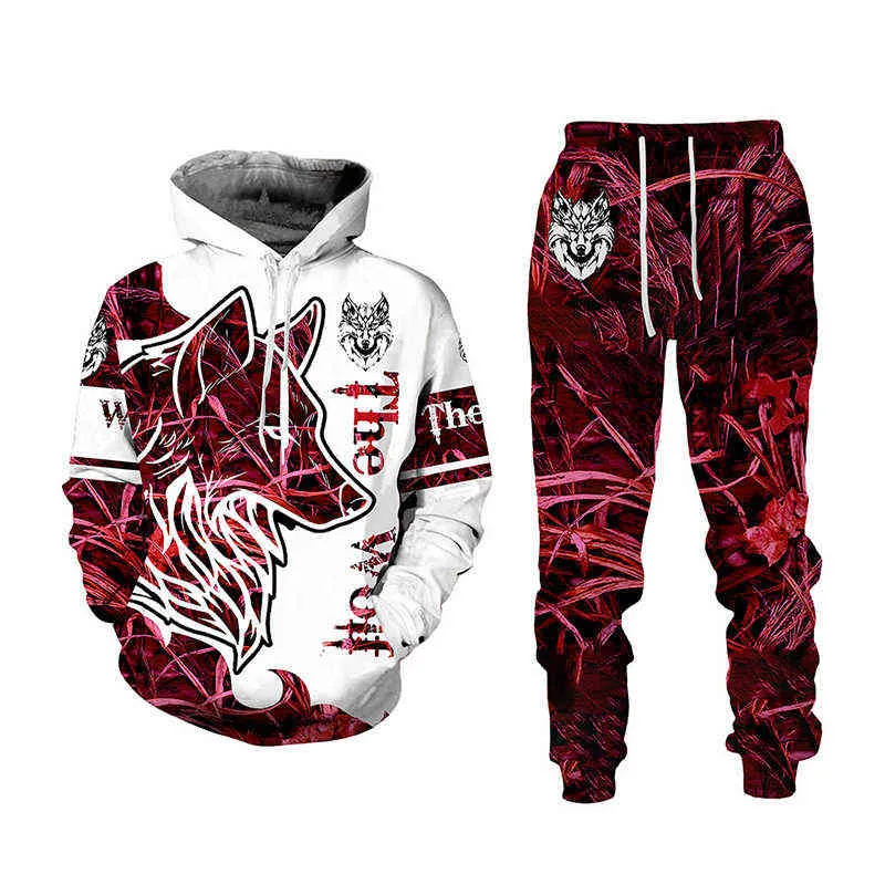 Autumn Winter Tiger Lion Wolf 3D Animal Gedrukte herenkap sweater Set mannelijke sportkleding tracksuit lange mouw mannen kledingpak G1217