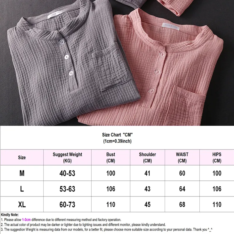 Women's Sleepwear Cotton Yarn Pajama Sets Water-washed Sleeping Suits Female Long-Sleeve Crepe Home Clothe Lounge Wear Pink 220329