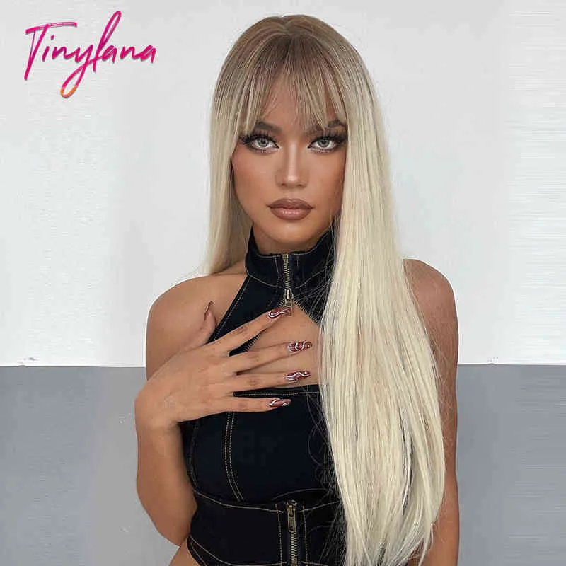 TINY LANA Long Silky Straight Wigs with Bangs Ombre Dark Brown Blonde Synthetic Wigs For Black Women Daily Party Heat Resistant