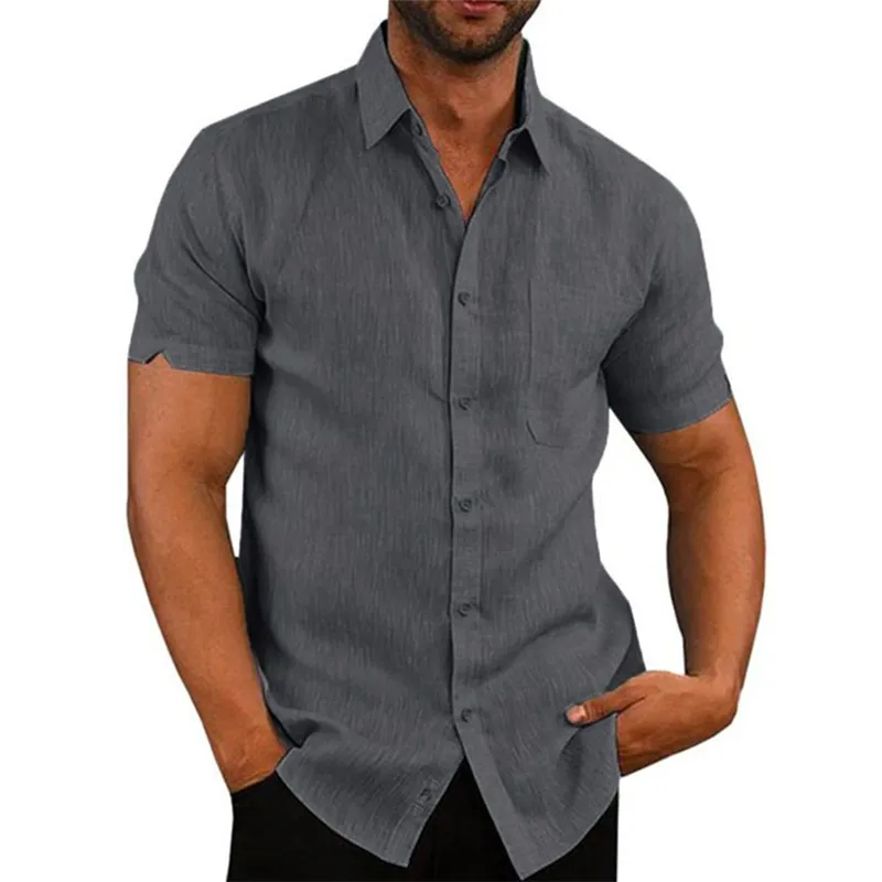 Chemises à manches courtes pour hommes, 100% coton et lin, couleur unie, col rabattu, décontractée, Style plage, grande taille, été, 220801