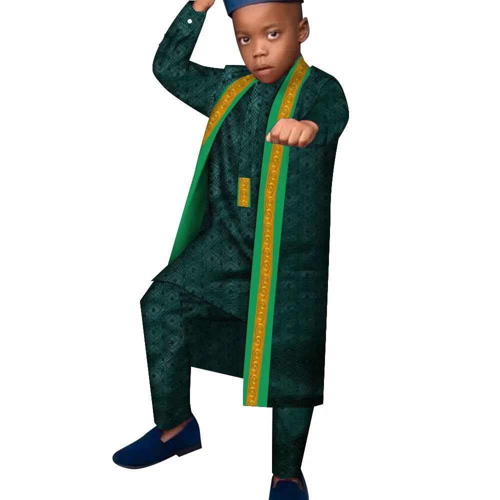 BintaRealWax Nuovi vestiti bambini africani Set cardigan a maniche lunghe Robe + Pantaloni Ragazzi Tradizione Set di abbigliamento bambini casual Taglia personalizzata WYT640