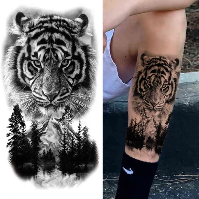 NXY tatouage temporaire forêt loup pour femmes hommes tigre faux Lion fleur autocollant noir animaux boussole monstre Tatoo enfant garçon 0330