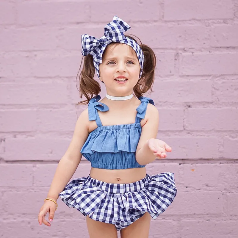 Moda Born Clothes Sets Baby Girl Sling Ruffle Crop Top Girls Plaid Mini Skirt Banda da cabeça Roupas de roupas 220608