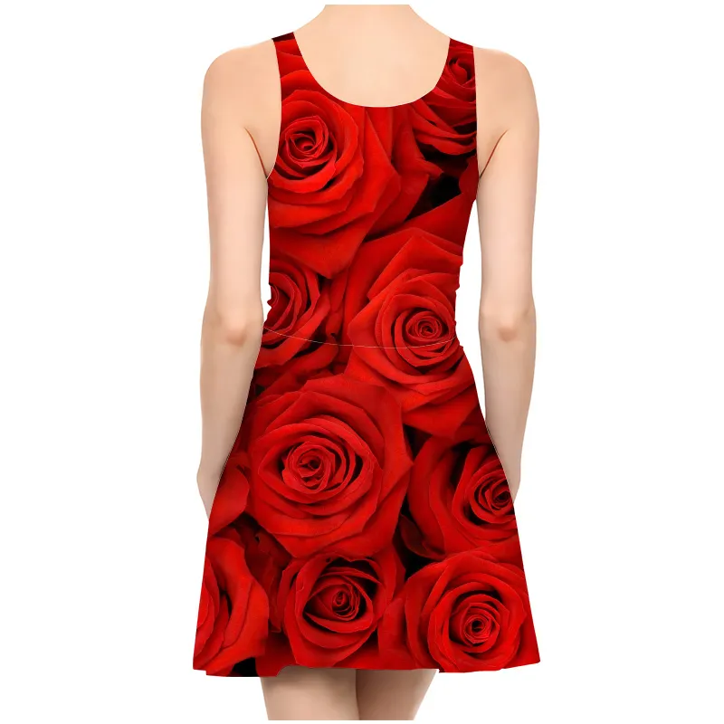 Est Red Rose Flower Fashion 3d Print Jurk Ladies Summer Party Girls Jurk Casual Sexy Beach -jurken 220617