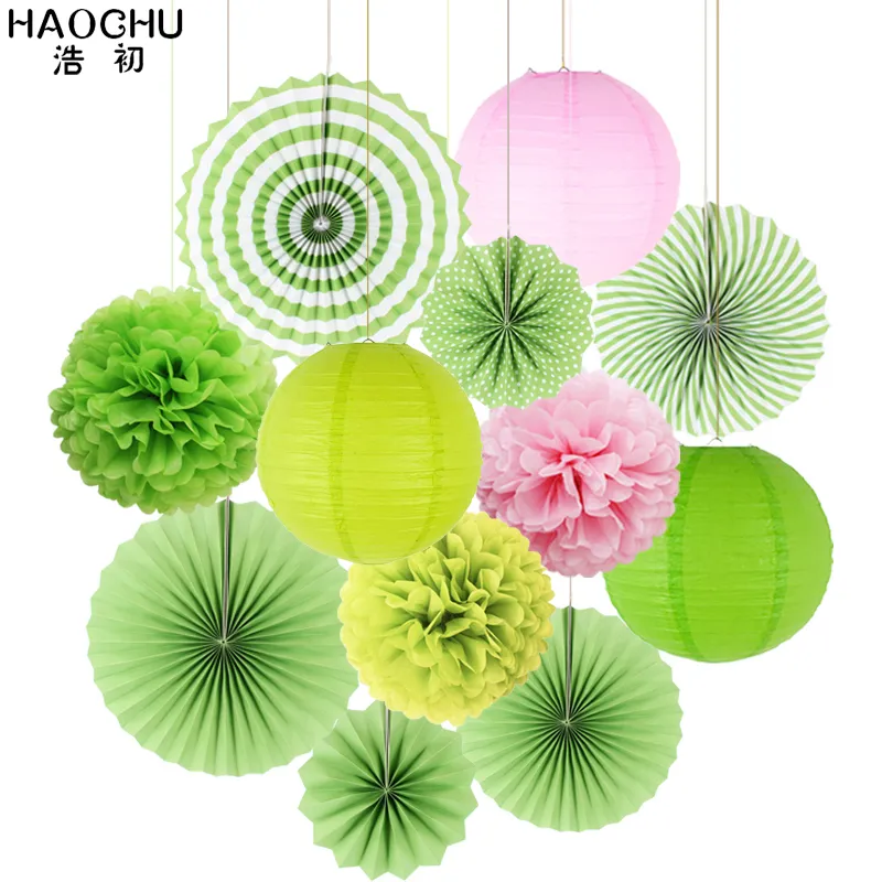 set Paper Lanterns Paper Fãs Rosetas de tecido Pom Pom Poms Flor de aniversário Casamento do chá de bebê Party Hanging Decoration 220527