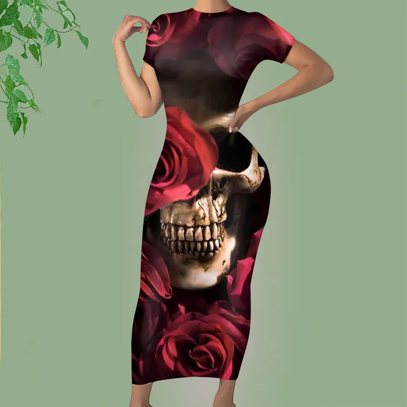 NoisyDesigns Skull Rose Pattern Dress for Women Long Maxi BodyCon Sexy Party Club Casual Evening Beach Summer Vestidos 220627