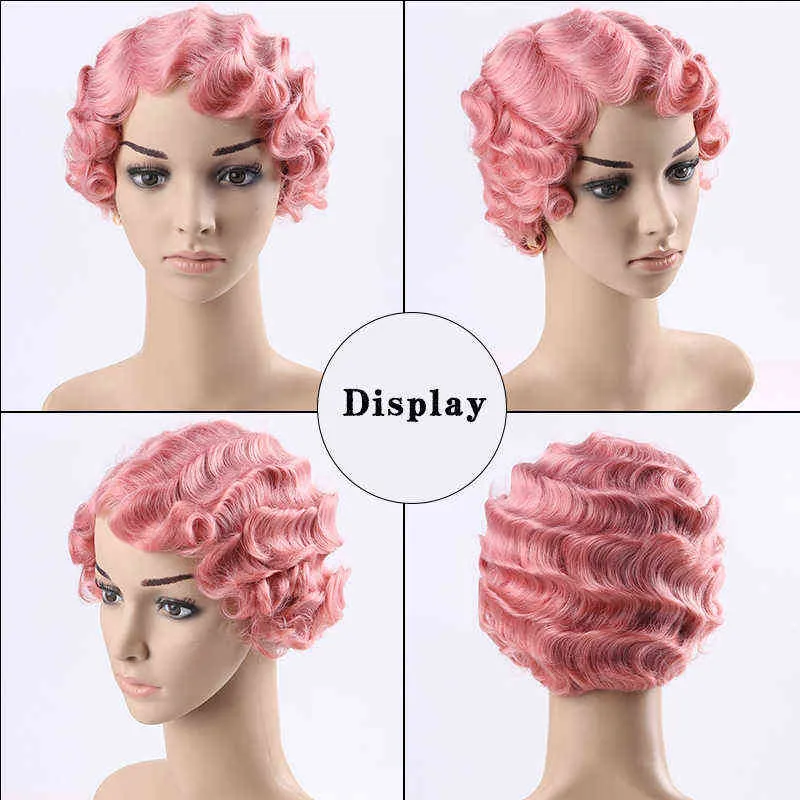 Synthétique Court Doigt Vague Perruque Noir Rose Rouge Cosplay Cheveux Haute Température Fibre Perruques pour Femmes Lupuwig 220622