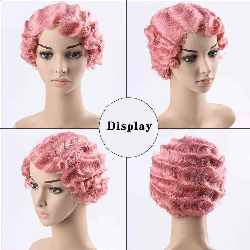 Synthetische korte vingergolf pruik Zwart roze rode cosplay Haar Hoge temperatuur Vezel Pruiken voor vrouwen Lupuwig 220622