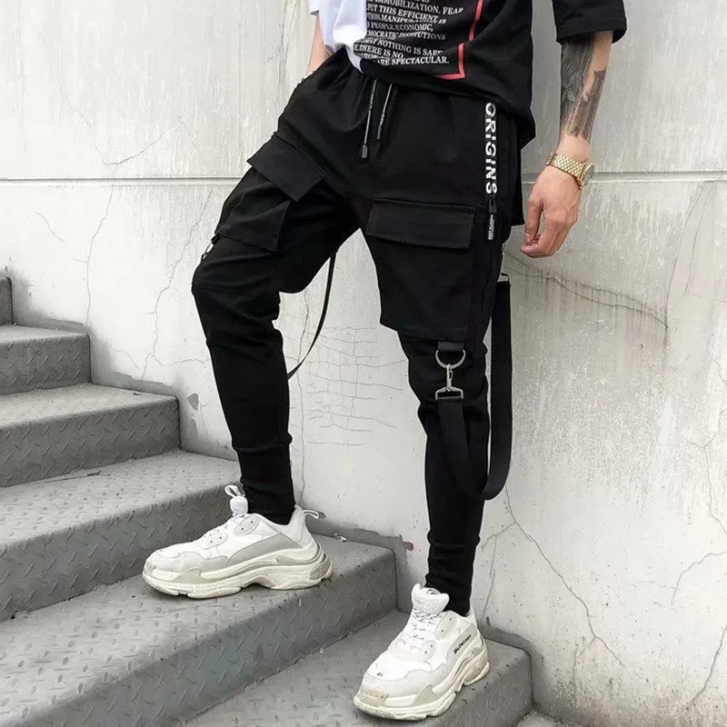 Pantalon homme mode Slim fit Streetwear ruban Harajuku noir Cargo pour décontracté Techwear Jogging japon Kpop homme pantalon 220826