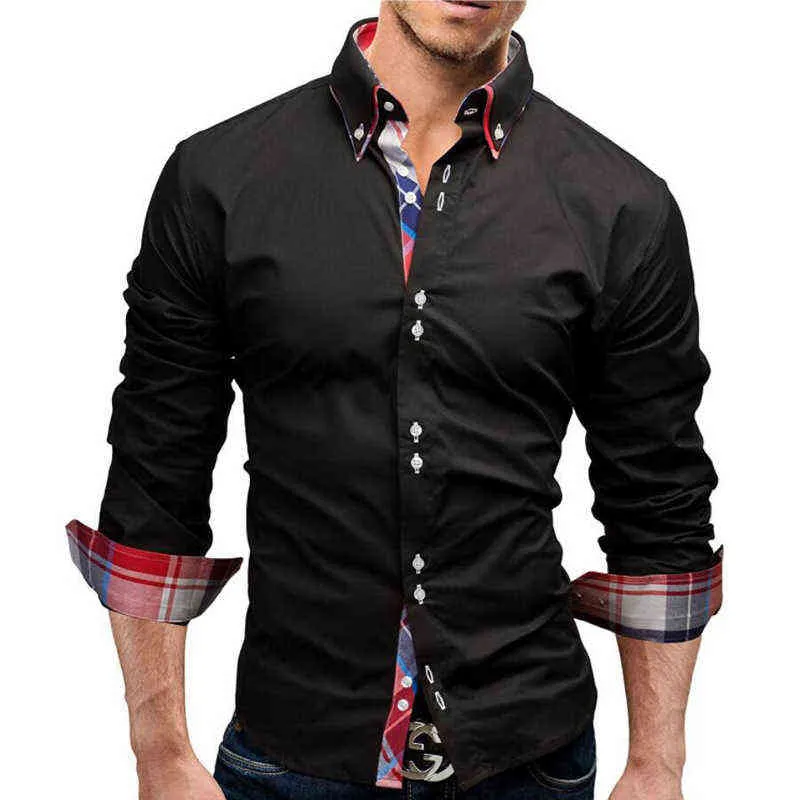 Men camisas brancas pretas de manga longa de colarinho de colarinho virado de colarinho de colarinho mapa de manta esbelta