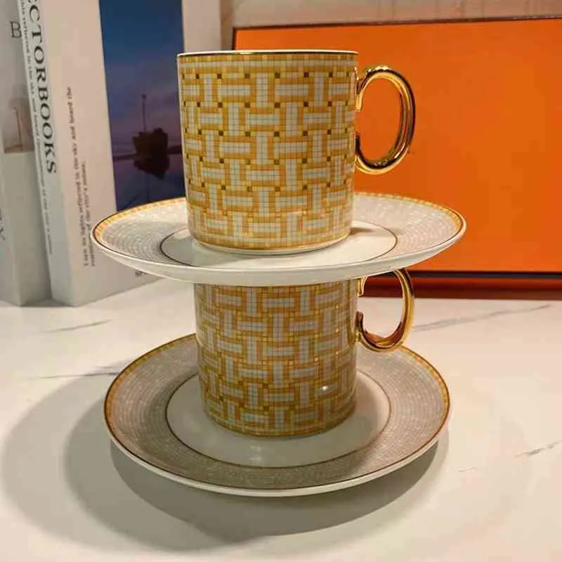 2022 New Style Luxus-Mosaik-Kaffeetasse und Untertasse-Set mit Gold Handel Keramik Cappuccino Nachmittagstee-Tasse 2-teiliges Kaffeebecher-Set Y300F