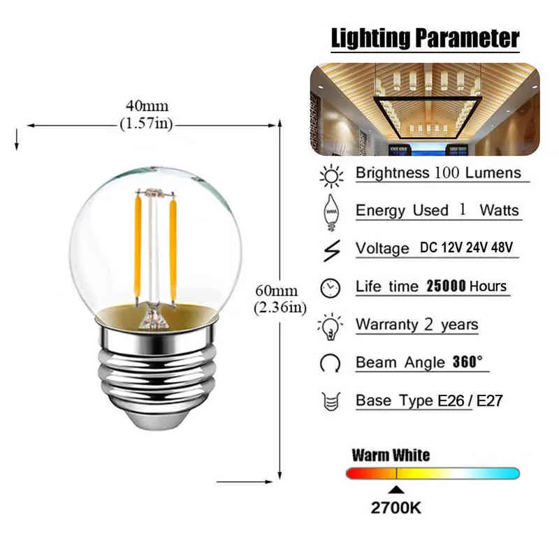 Lumière à Filament Led basse tension E12 E14, lampe Led DC12V 24V T22 G40 A19 ST58 6W, ampoule 2700K RV, lumière de salle de Locomotive H220428