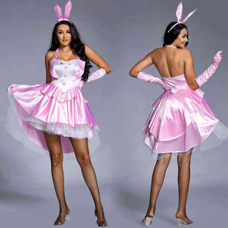 Halloween Kobiety Cosplay Come Pink and Black Sexy Bunny Girl Tuxedo Club Party Fancy Dress Plus Size L220609